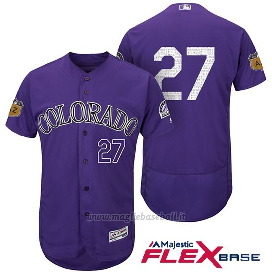 Maglia Baseball Uomo Colorado Rockies Trevor Story 27 Colorado Rockies Viola 2017 Allenamento Primaverile Flex Base Giocatore